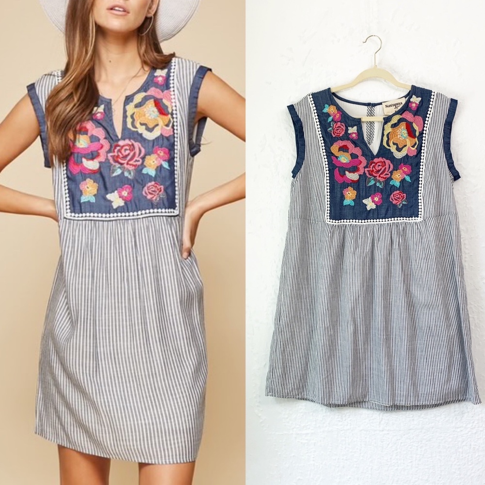 Savanna Jane Embroidered Striped Summer Sun Dress Sz M